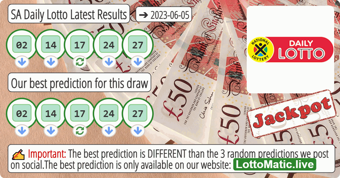 SA Daily Lotto results drawn on 2023-06-05